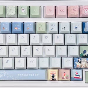May include: A white mechanical keyboard with custom keycaps featuring various pastel colors and illustrations. The keycaps have designs of flowers, animals, and other whimsical imagery. The keyboard has a white frame and a black space bar.