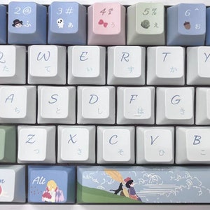 May include: A white mechanical keyboard with blue and pink keycaps featuring Japanese characters and illustrations. The keyboard has a row of function keys with numbers and symbols, a row of letter keys, and a row of modifier keys. The keyboard also has a row of keys with Japanese characters and illustrations. The keyboard has a blue and white space bar with the text "君たちはどう生き" in Japanese.
