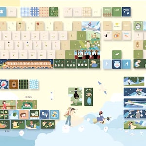 K&ouml;nnte beinhalten: Eine farbenfrohe Tastatur mit einer Vielzahl von Tastenkappen, die Illustrationen aus Studio-Ghibli-Filmen zeigen. Die Tastenkappen zeigen Figuren, Szenen und Objekte aus Filmen wie Chihiros Reise ins Zauberland, Mein Nachbar Totoro und Kiki liefert aus.