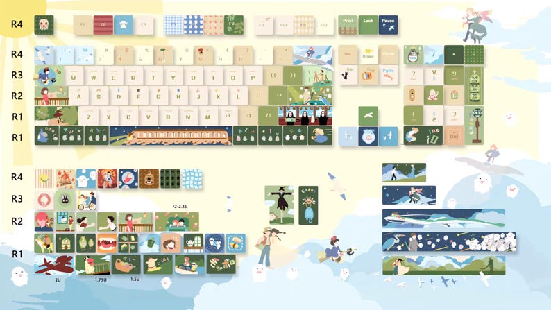K&ouml;nnte beinhalten: Eine farbenfrohe Tastatur mit einer Vielzahl von Tastenkappen, die Illustrationen aus Studio-Ghibli-Filmen zeigen. Die Tastenkappen zeigen Figuren, Szenen und Objekte aus Filmen wie Chihiros Reise ins Zauberland, Mein Nachbar Totoro und Kiki liefert aus.