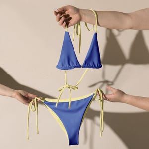 Marine Blue String Bikini Set with Yellow Spaghetti Straps