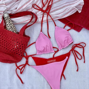 Light Pink String Bikini Set with Red Spaghetti Straps