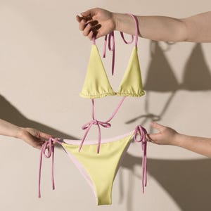 Yellow String Bikini Set with Pink Spaghetti Straps