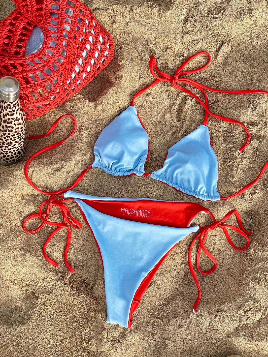 Light Blue String Bikini Set With Red Spaghetti Straps - Etsy