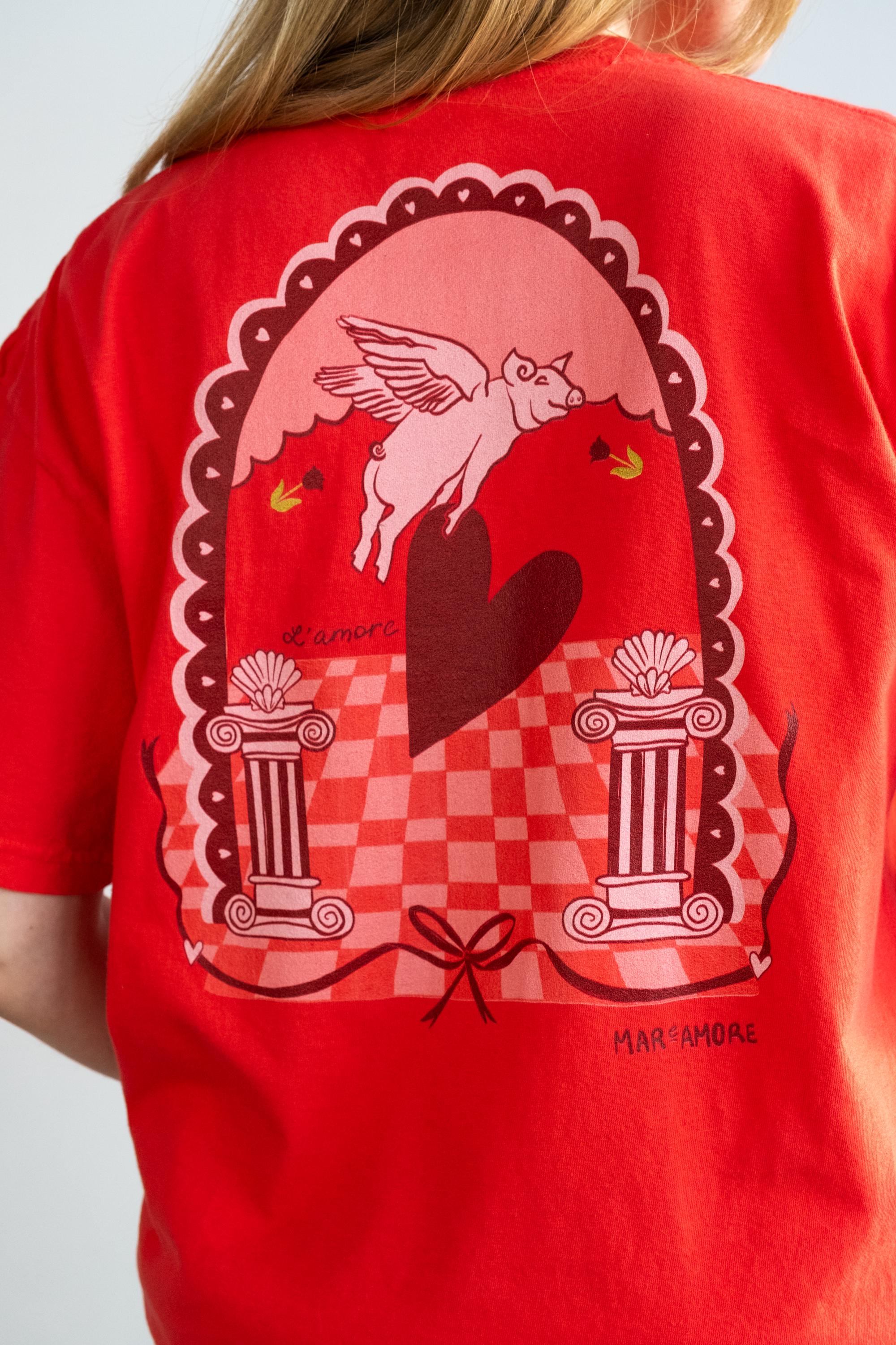 L'amore T-shirt Heart Embroidery T-shirt Cupid Pig Graphic Tee