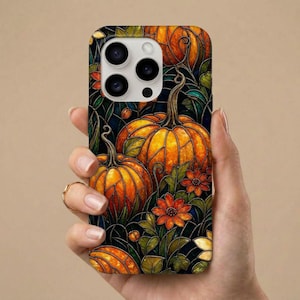 Pumpkin Patch Stained Glass Art Tough iPhone Case | Fall Aesthetic Phone Cover | pumpkin halloween phone case iphone 14 promax |
