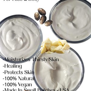 Puede incluir: The Glam Nubiana Hydrating Cre'Oil para rostro y cuerpo. La imagen muestra tres tarros de crema blanca, junto con ingredientes como coco, miel y semillas. El texto incluye "No probado en animales" y beneficios del producto como "Moisturizes Thirsty Skin".