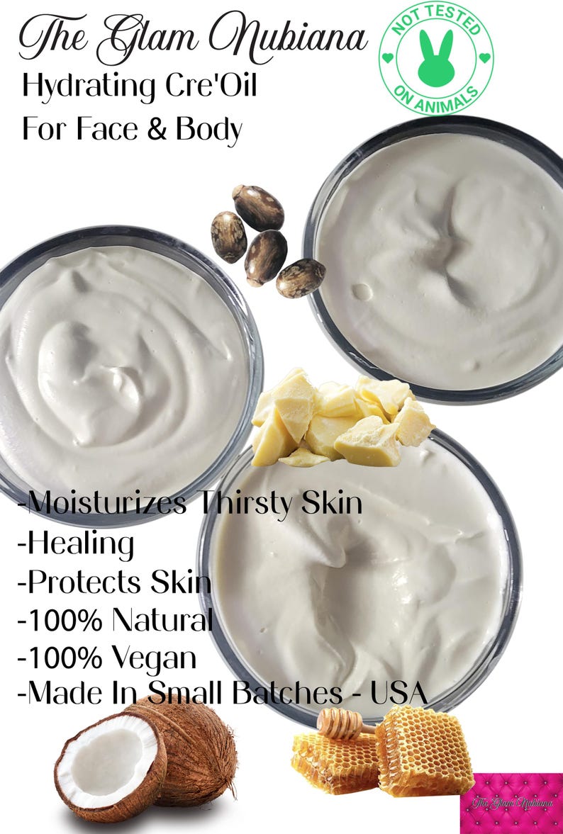 Puede incluir: The Glam Nubiana Hydrating Cre'Oil para rostro y cuerpo. La imagen muestra tres tarros de crema blanca, junto con ingredientes como coco, miel y semillas. El texto incluye "No probado en animales" y beneficios del producto como "Moisturizes Thirsty Skin".
