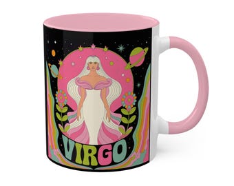 Virgo Horoskop-Tasse Groovy 1960er Jahre Stil Neonfarben Sternzeichen Geschenk für Astrologie-Liebhaber Lebendige Tassen für Tee Kaffee 11oz