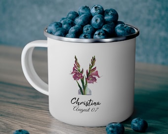Taza de esmalte con flor de nacimiento de agosto personalizada / Diseño de gladiolo rosa personalizado / Regalo de cumpleaños único de agosto