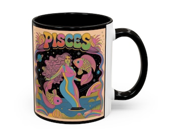 Pisces Horoscope Mug Groovy 1960s style Neon Colors Zodiac Gift for Astrology Lovers Vibrant Mugs For Tea Coffee 11oz