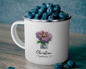 Taza de esmalte con flor de nacimiento de septiembre personalizada / Diseño de aster personalizado / Regalo de cumpleaños único de septiembre
