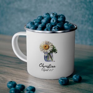 Personalized April Birth Flower Enamel Mug | Custom Daisy Design | Unique April Birthday Gift