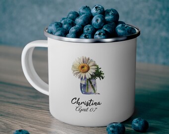 Taza de esmalte con flor de nacimiento de abril personalizada / Diseño de margarita personalizado / Regalo de cumpleaños de abril único