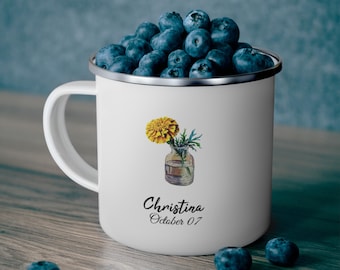 Personalized October Birth Flower Enamel Mug | Custom Marigold Design | Unique October Birthday Gift