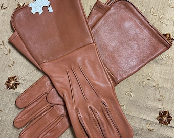 Genuine Leather Long Cuff Gloves, Medieval Gauntlet Gloves For Men (TAN BROWN)