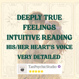 May include: An illustration with text that reads "DEEPLY TRUE FEELINGS, INTUITIVE READING, HIS/HER HEART'S VOICE, VERY DETAILED." The image features a couple in a tender embrace, with tarot card imagery in the background. The shop name "TanPsychicStudio" is also visible.