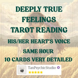 Könnte beinhalten: Bild für einen Tarot-Leseservice. Das Bild zeigt den Text "DEEPLY TRUE FEELINGS TAROT READING HIS/HER HEART'S VOICE SAME HOUR 10 CARDS VERY DETAILED". Das Bild enthält auch ein sich umarmendes Paar und den Firmennamen "TanPsychicStudio".