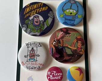 Toy Story Button Pack – Woody, Buzz, Alien, Pizza Planet Pins