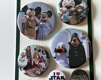 Curated Button Pin Pack - Galactic Mickey (6 Pack) | Disney crossover pins - Jedi Mickey, Leia Minnie, Goofy Vader | May the 4th