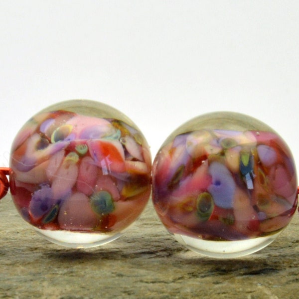 Round pink blossom  frit bead pair, lampwork glass bead, round bead, ear ring pair