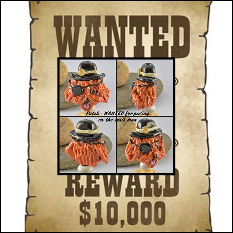 Izzybeads SRA Lampwork Glass Bead Focal Bead Glass Sculpture Collectible WANTED Patch the Outlaw Focal Bead