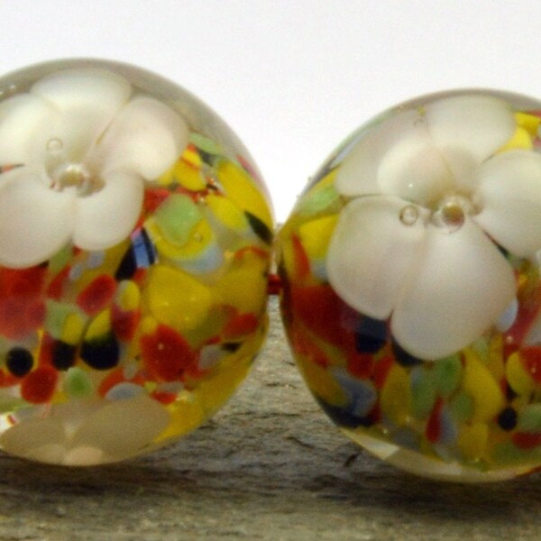 Round yellow and red frit bead pair with white flower detail, lampwork glass bead, round bead, ear ring pair