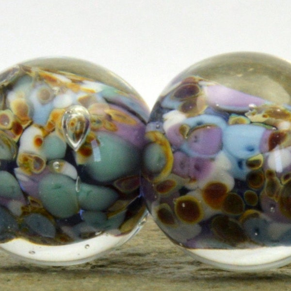Round blue frit bead pair, lampwork glass bead, round bead, ear ring pair