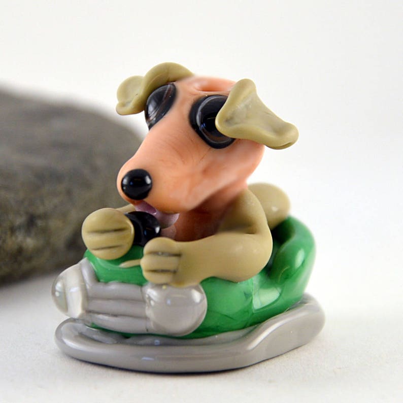 Izzybeads SRA DOG in a Dodgem Car Focal Bead Lampwork Glass Sculpture Collectible