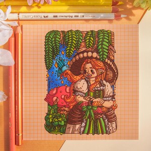 May include: A colorful illustration on grid paper featuring a character with long orange hair, pointed ears, and a green dress with a lace-up bodice. The character stands under a large brown mushroom cap surrounded by green ferns and a blue starry sky.