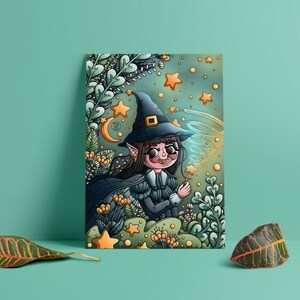 May include: A rectangular art print featuring a cartoon character with dark hair and pointed ears wearing a black witch hat and dress. The character holds a glowing star wand amidst stylized green foliage, orange stars, and a crescent moon on a teal background.