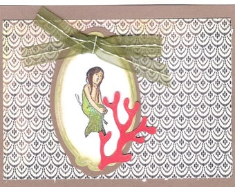 One Of A Kind Mermaid And Coral Handmade Hand Inked Card