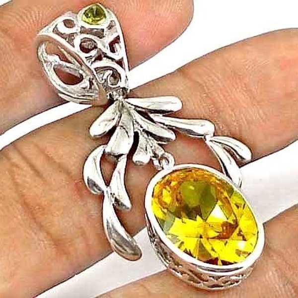 PiecedPaperLove Sterling Silver, Yellow Orange Topaz, Art Nouveau, Vines, Large Bail with Peridot, Mother's Day Gift, Articulated Pendant