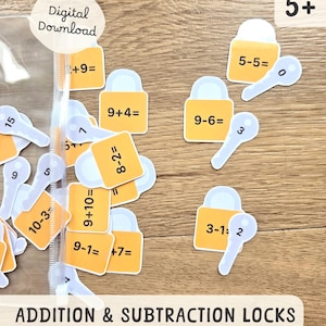 May include: A maths game with orange lock-shaped cards displaying addition and subtraction sums, and light blue key-shaped answer cards. The game is for children aged 5+, with the words "Addition & Subtraction Locks" at the bottom. The image also says "Digital Download".