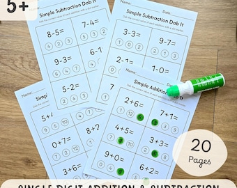 May include: Educational activity set for children aged 5 and up. Includes multiple worksheets with single-digit addition and subtraction problems, designed for use with a dot marker. The set contains 20 pages. A green and white marker is also included.