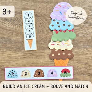 Pode incluir: Um jogo educativo com tema de sorvete. A imagem apresenta uma grande casquinha de sorvete feita de várias bolas de cores diferentes, um jogo de correspondência de números e o texto "BUILD AN ICE CREAM - SOLVE AND MATCH". O jogo é adequado para maiores de 3 anos.