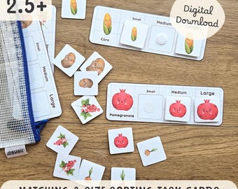 Printable Fruit and Vegetable Theme Matching & Size Sorting Busy Bag, Preschool Task Box, Kids Educational Activity