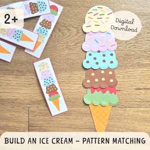 Kinderen bouwen een ijspatroon matching game, zoet dessert voorschoolse afdrukbare leeractiviteit, thuisonderwijs taakdoos digitale download