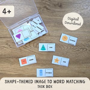 May include: A collection of shape-themed matching cards with a clear plastic container. The cards feature colorful shapes like squares, cones, and stars, paired with their corresponding word labels. The image also includes the text "Digital Download" and "Shape-Themed Image to Word Matching Task Box."