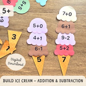 May include: Educational ice cream cone cutouts for addition and subtraction. Each cone features three scoops with math problems, such as 5+0, 4+1, and 6-1. The cones are on a wooden surface. The text "Digital Download" is visible.