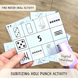 May include: A white card with black line drawings and the number 5, held by a person. The card is labeled "Fine Motor Skill Activity" and "Subitizing Hole Punch Activity". A purple punch is in the image, with the words "Digital Download".