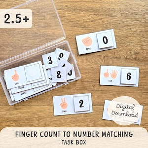 May include: A clear plastic box containing number matching cards. The cards feature finger counts and corresponding numbers from zero to eight. The text "FINGER COUNT TO NUMBER MATCHING TASK BOX" is visible. The image also includes a "Digital Download" label.