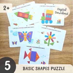 May include: A set of five basic shapes puzzles for children. Each puzzle features a different image, including a rocket, train, butterfly, flower, and fish, all constructed from colorful geometric shapes. The puzzles are designed for ages 2+ and are available as a digital download.