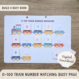 May include: A white busy book page with a train theme for number matching. The page features a colorful train and numbered train cars from 0 to 10. The text "0-100 TRAIN NUMBER MATCHING" and "0-100 TRAIN NUMBER MATCHING BUSY PAGE" are also visible.