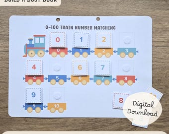 May include: A white busy book page with a train theme for number matching. The page features a colorful train and numbered train cars from 0 to 10. The text "0-100 TRAIN NUMBER MATCHING" and "0-100 TRAIN NUMBER MATCHING BUSY PAGE" are also visible.