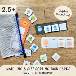May include: A set of matching and size sorting task cards with a farm theme. The cards include images of milk jugs, eggs, trees, watering cans, and beehives. The set includes a clear mesh bag and the text "Digital Download".