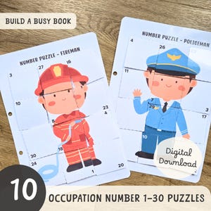 Könnte beinhalten: Zwei Zahlenrätsel zum Thema Beruf. Ein Puzzle zeigt einen Feuerwehrmann in Rot, das andere einen Polizisten in Blau. Jedes Puzzle ist ein Zahlenrätsel von 1-30. Der Text "Build a Busy Book" und "Occupation Number 1-30 Puzzles" sind ebenfalls sichtbar.