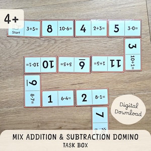 May include: A set of light blue dominoes with red borders, featuring addition and subtraction problems. Numbers and equations are printed in black. The image includes the text "MIX ADDITION & SUBTRACTION DOMINO TASK BOX" and "Digital Download".