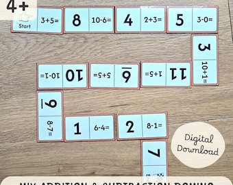 May include: A collection of light blue dominoes with red borders, displaying addition and subtraction sums. Black numbers and equations are printed on each tile. The image includes the text "MIX ADDITION & SUBTRACTION DOMINO TASK BOX" and "Digital Download".