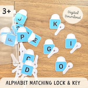 Pode incluir: Jogo de correspondência do alfabeto com cartões azuis de cadeados e chaves. Cada cadeado apresenta uma letra, e a chave correspondente tem a mesma letra. Adequado para crianças a partir dos 3 anos. As palavras "Digital Download" e "ALPHABET MATCHING LOCK & KEY" também são visíveis.